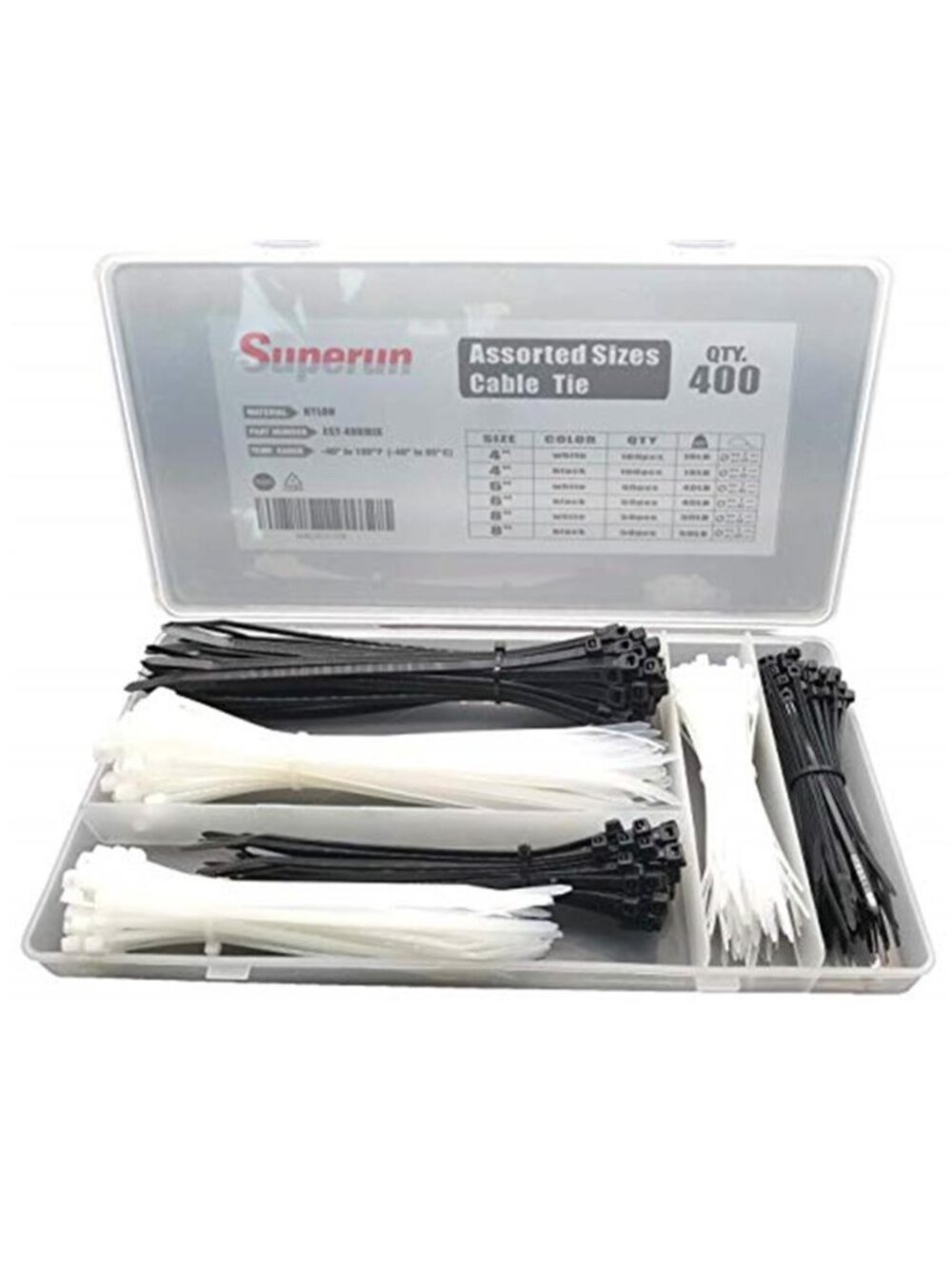 400 Pack Zip Ties Assorted Sizes 4 6 8 Inch Black White Nylon Cable Wire Ties
